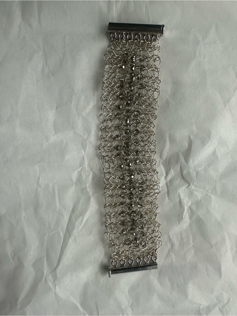 Silver Mesh Chain Link Bracelet with Crystal Accents